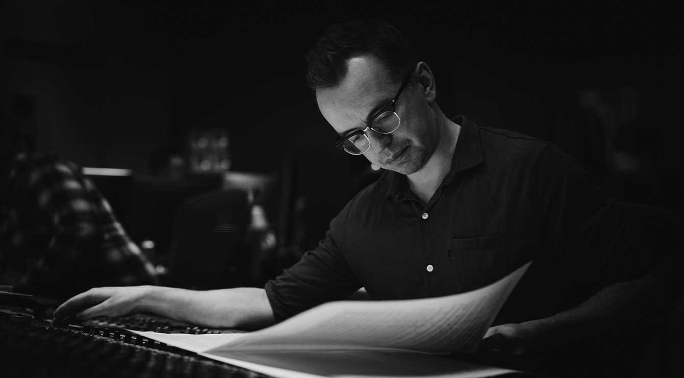 Gareth Coker B&W edit. Behind the scenes in studio for ARK. Photo by Benjamin Ealovega.